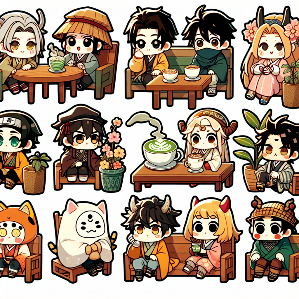 sticker- Anime characters in a cozy Japanese cafe setting, sipping matcha or latte art-anime stickers-1733081882025